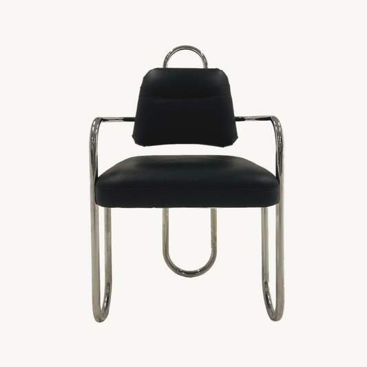 JN.03.0090 / MID-CENTURY BLACK LEATHER TUBULAR ARMCHAIR